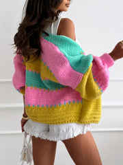 Vibrant Color Block Knit Cardigan - TEVQA
