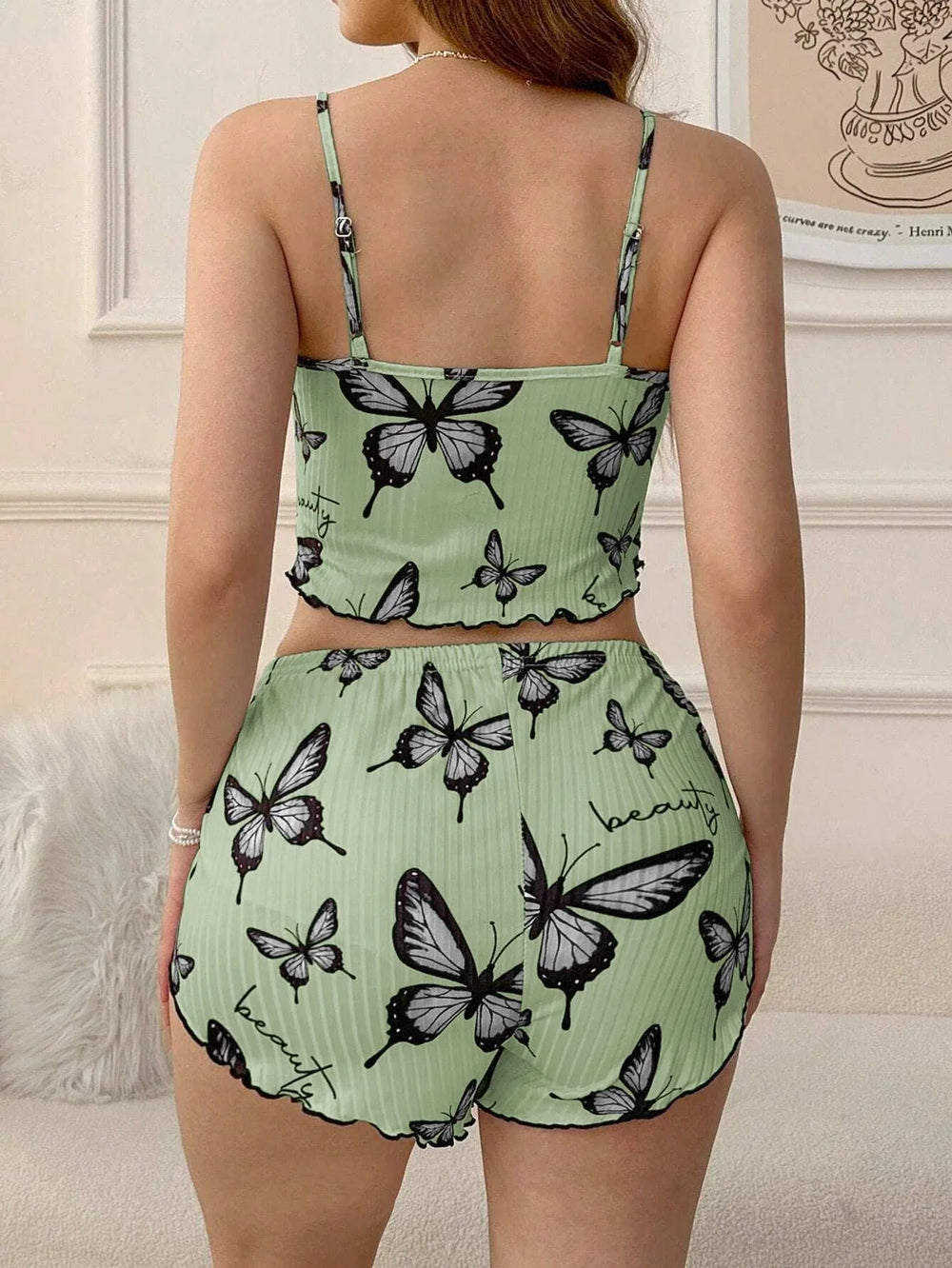 Blue Butterfly Print Ribbed Cami & Shorts Set - TEVQA