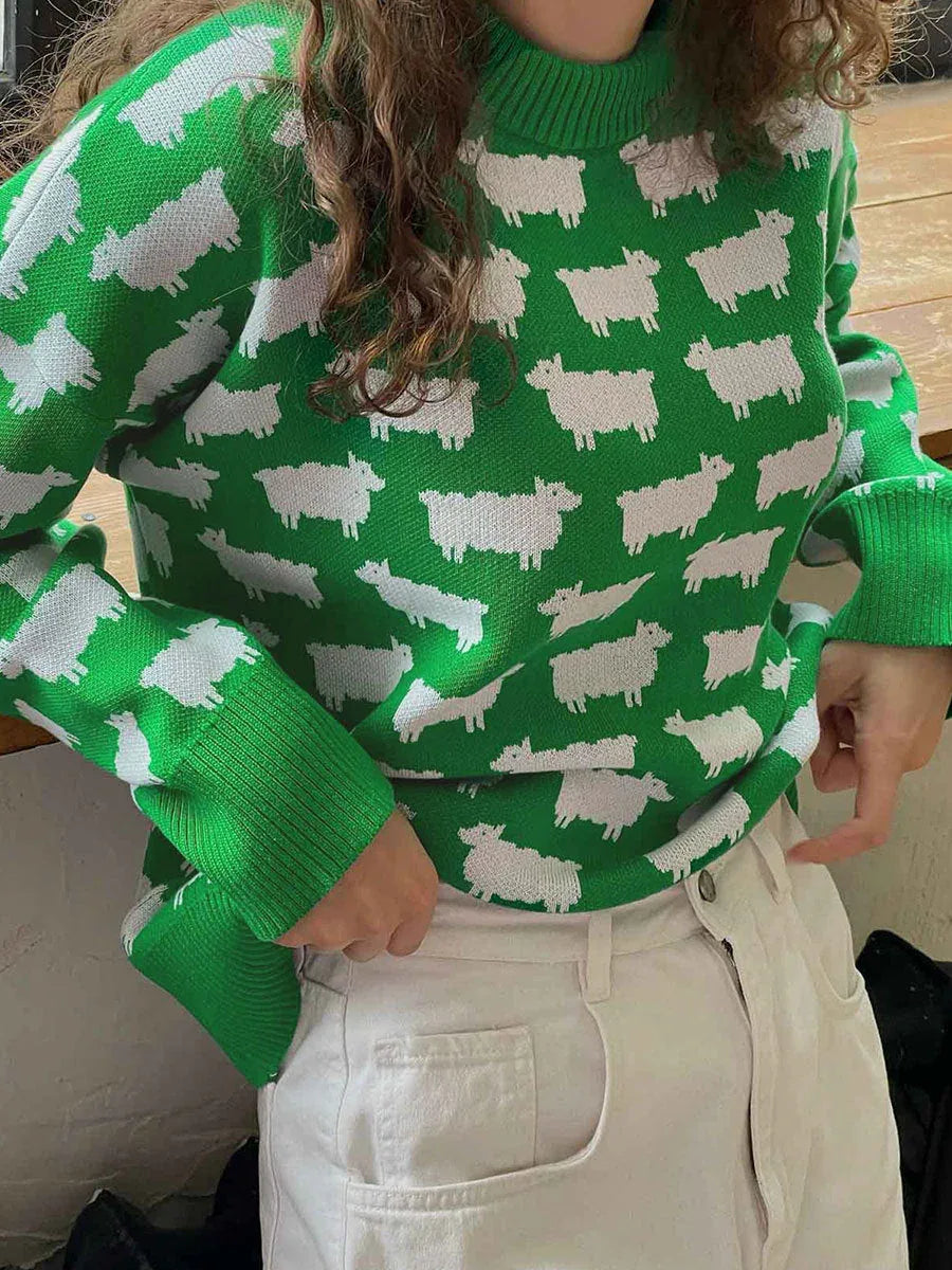 Whimsical Sheep Jacquard Knit Sweater - TEVQA