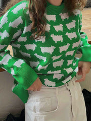 Whimsical Sheep Jacquard Knit Sweater - TEVQA