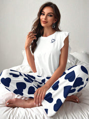 Coquette Pink Heart Print Ruffle Sleeve Pajama Set