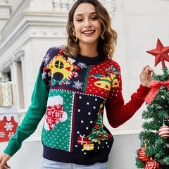 Woman wearing a colorful Christmas patchwork knit sweater with festive designs like a gingerbread house, bells, stocking, and Christmas tree.
