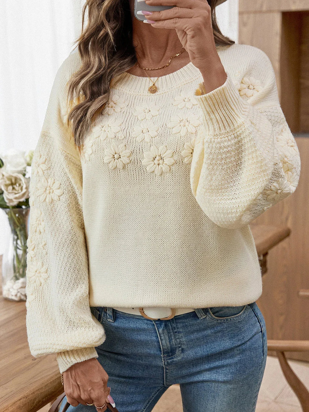 Whimsical 3D Daisy Embroidered Sweater - TEVQA