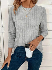 Oatmeal Ribbed Knit Crew Neck Top - View 9 | TEVQA