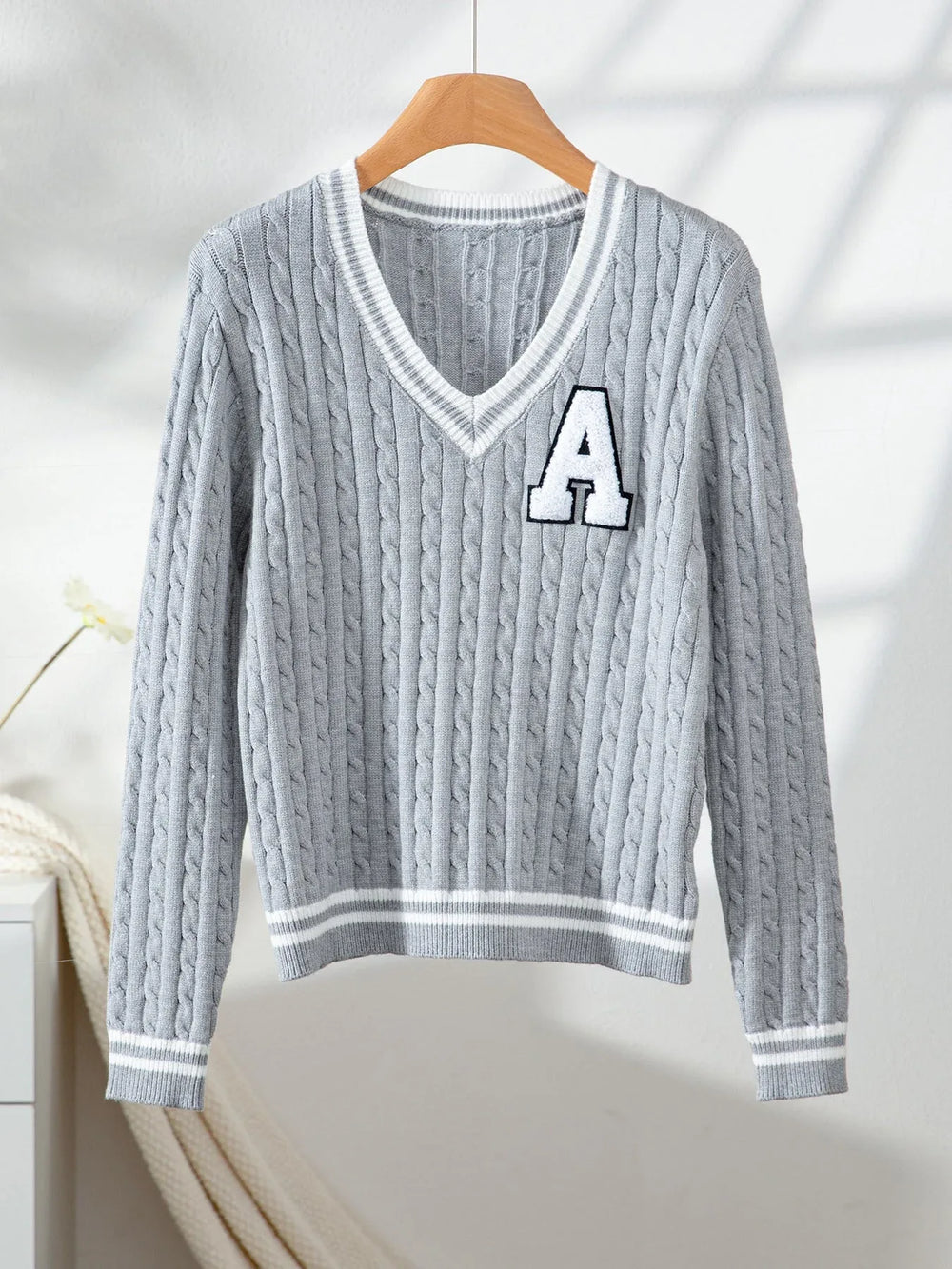 Preppy Varsity Cable Knit V-Neck Sweater - View 6 | TEVQA