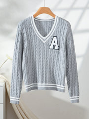 Preppy Varsity Cable Knit V-Neck Sweater - View 6 | TEVQA