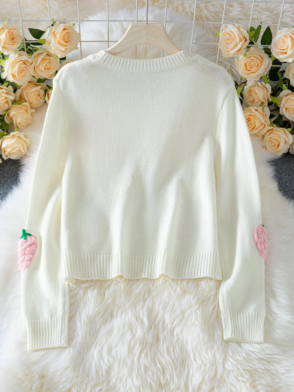 Cream knit sweater with 3D strawberry appliques - View 6 | TEVQA