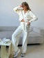 Woman wearing a cream knit loungewear set