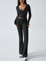Balletcore V-Neck Crop Top & Fold-Over Flare Pants Set