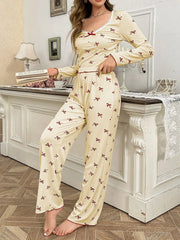 Ribbed pajama set with bow print and v-neckline - View 13 | TEVQA