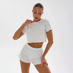 Ditsy Heart Print Ribbed Tee & Shorts Set - View 30 | TEVQA