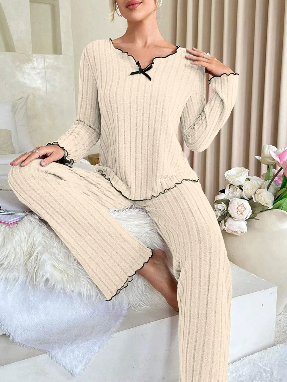 Coquette Contrast Trim Ribbed Pajama Set - TEVQA