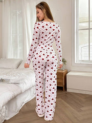 Pink Heart Print Ribbed Henley Pajama Set