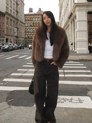 Plush faux fur cropped jacket with oversized lapels - View 6 | TEVQA