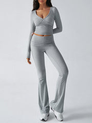 Balletcore V-Neck Crop Top & Fold-Over Flare Pants Set