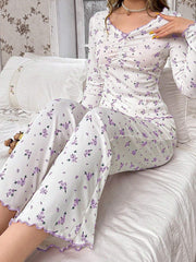 Ribbed Knit Floral Pajama Set - View 31 | TEVQA