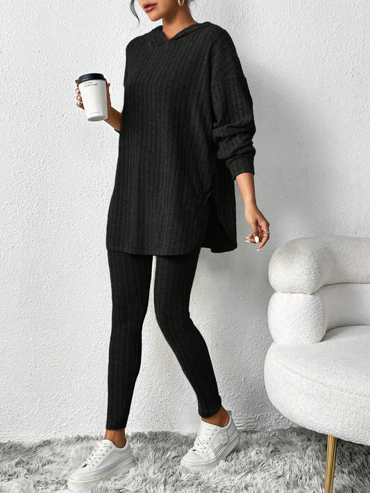 Midnight Black Ribbed Knit Hoodie & Leggings Set