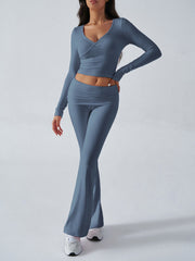 Balletcore V-Neck Crop Top & Fold-Over Flare Pants Set