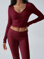 Balletcore V-Neck Crop Top & Fold-Over Flare Pants Set