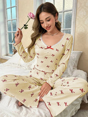 Ribbed pajama set with bow print and v-neckline - View 16 | TEVQA