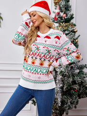 Close-up of a woman's face and shoulders, showcasing the festive design of her pink Christmas sweater