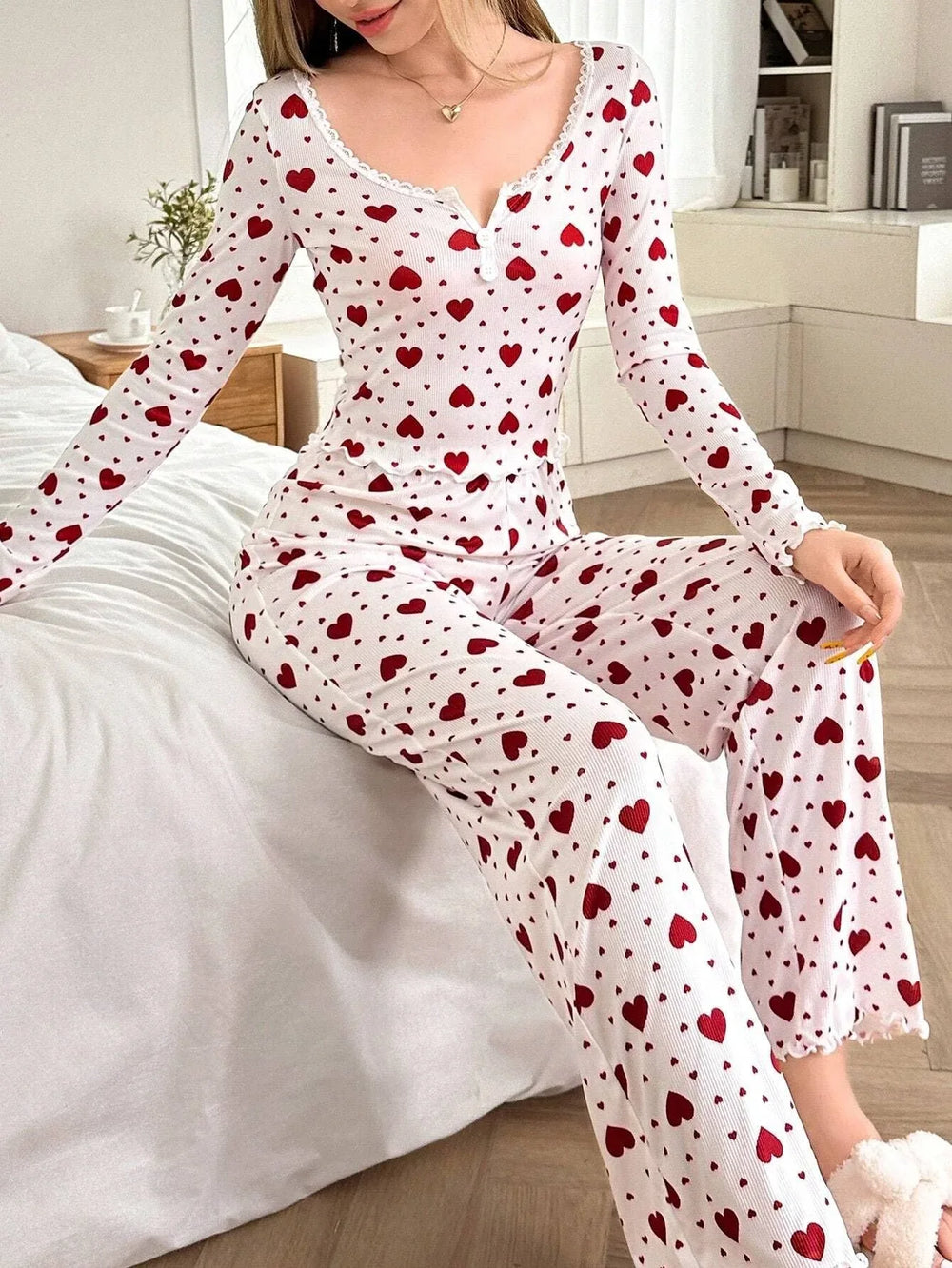 Ribbed Heart Print Pajama Set - View 21 | TEVQA