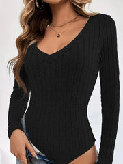 Brushed Ribbed Knit V-Neck Bodysuit - View 9 | TEVQA