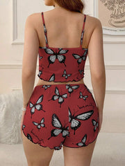 Blue Butterfly Print Ribbed Cami & Shorts Set - TEVQA