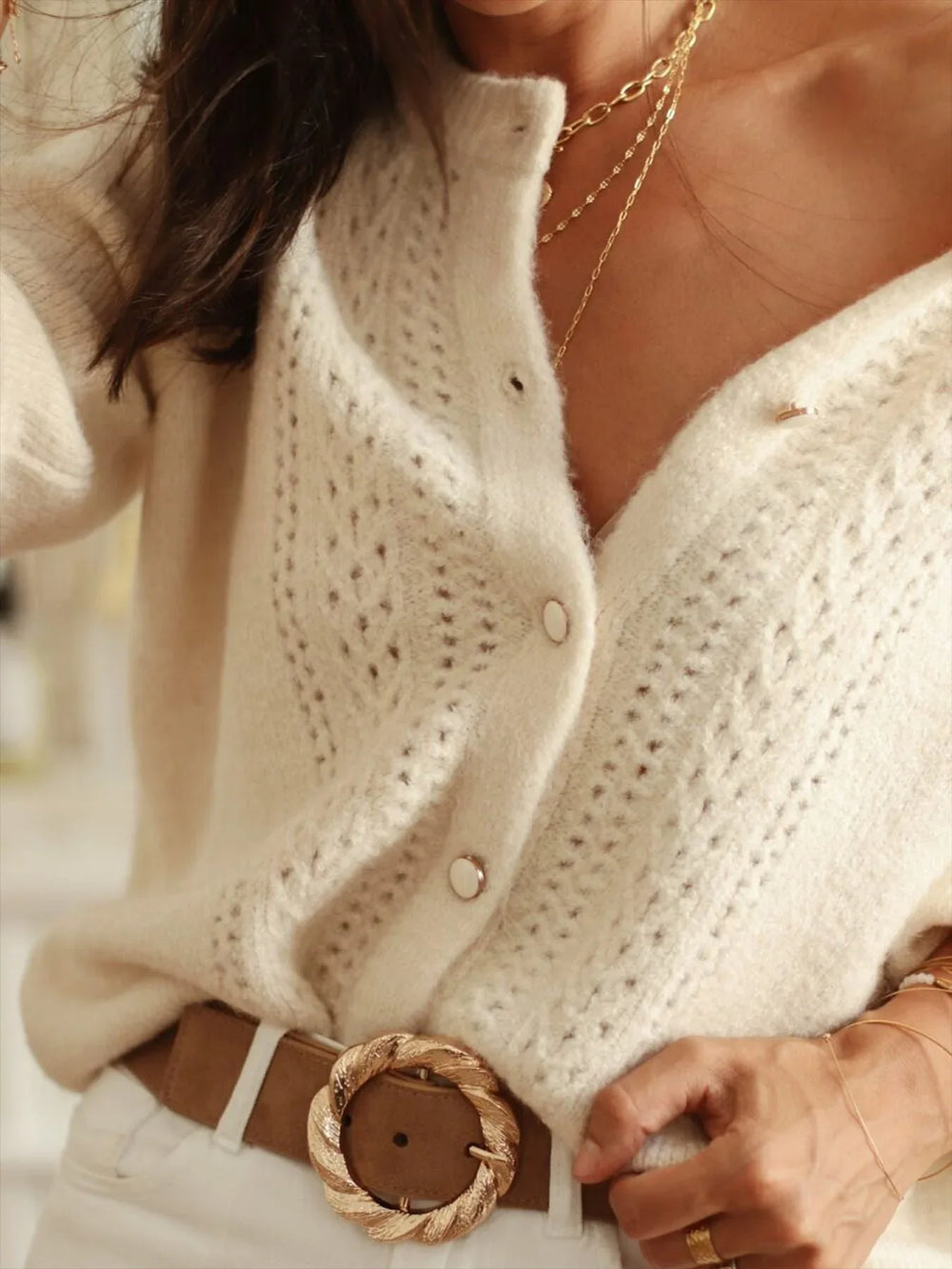 Vintage Pointelle Knit Cardigan - TEVQA
