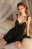 Black Ruffled Satin Slip Dress & Robe Set - TEVQA