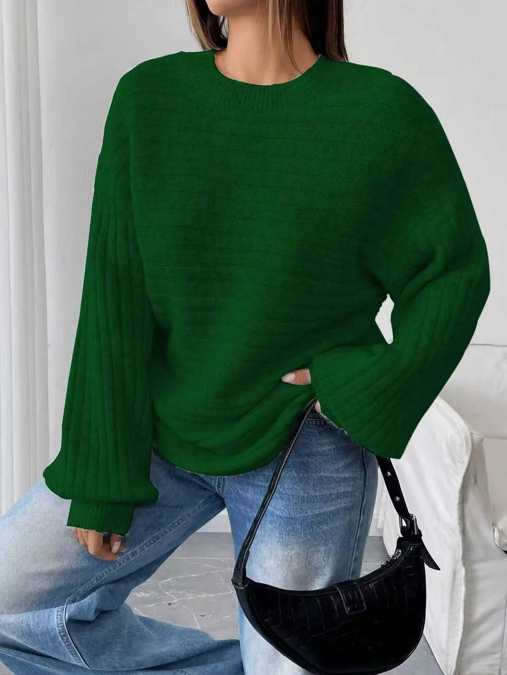 Cloud Grey Ribbed Knit Lantern Sleeve Sweater - View 10 | TEVQA