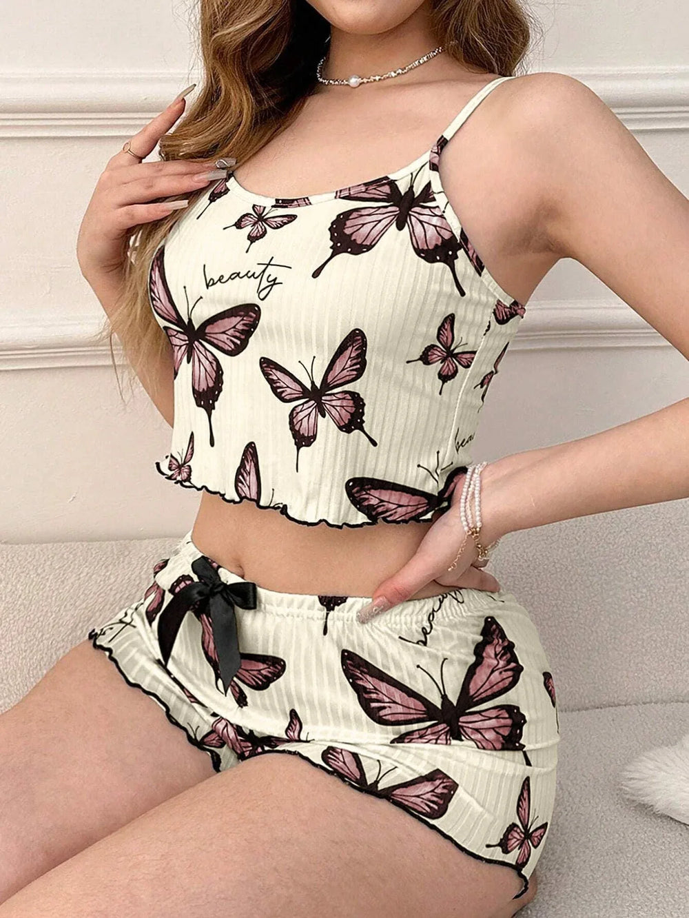 Blue Butterfly Print Ribbed Cami & Shorts Set - TEVQA
