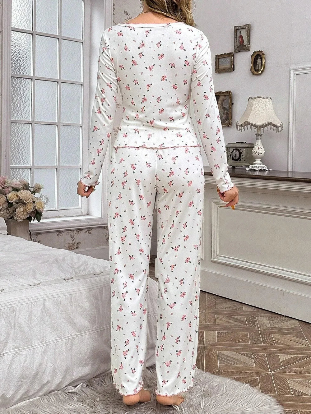 Ribbed Knit Floral Pajama Set - View 8 | TEVQA