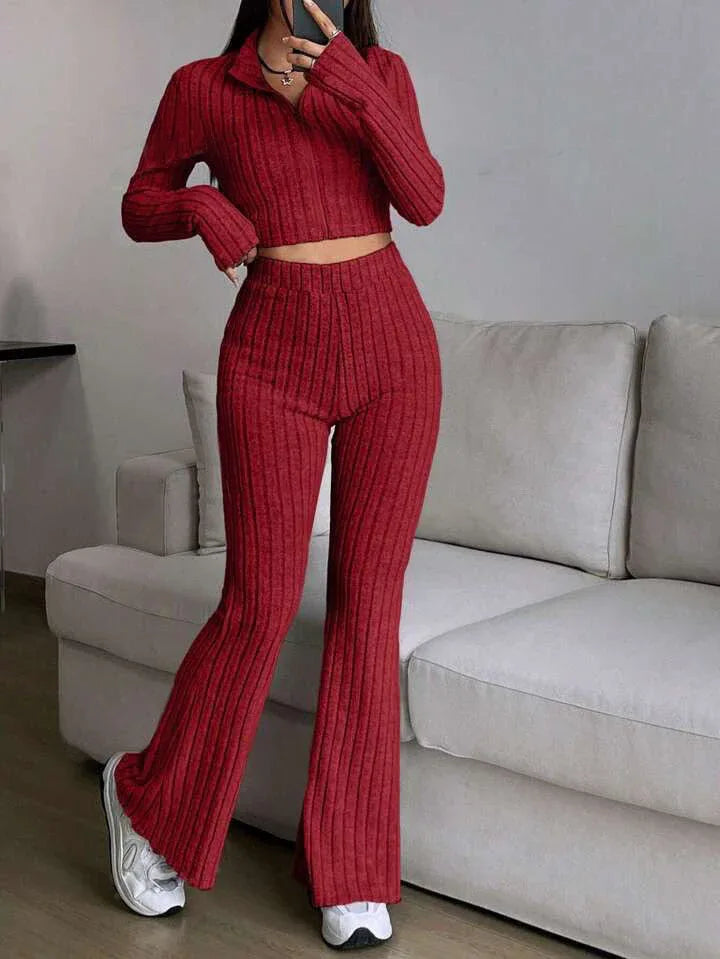 Vintage Moss Ribbed Knit Two-Piece Set - TEVQA