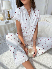 Cherry print ribbed pajama set with lace trim - View 25 | TEVQA