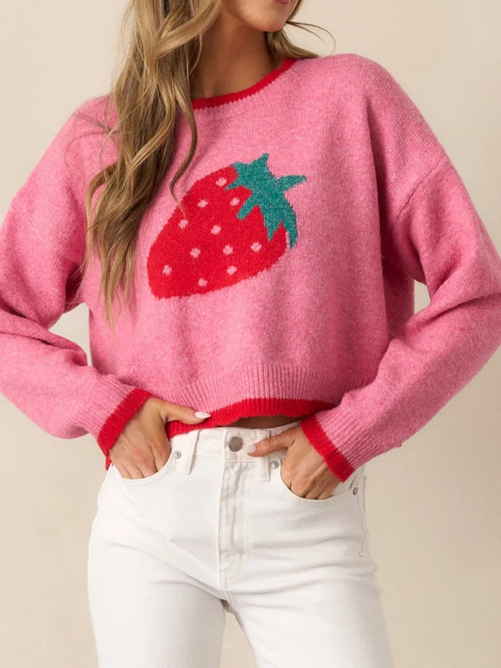 Strawberry knit crop sweater with red trim - View 7 | TEVQA