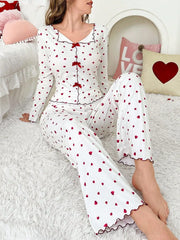 Ribbed Heart Print Pajama Set - View 6 | TEVQA