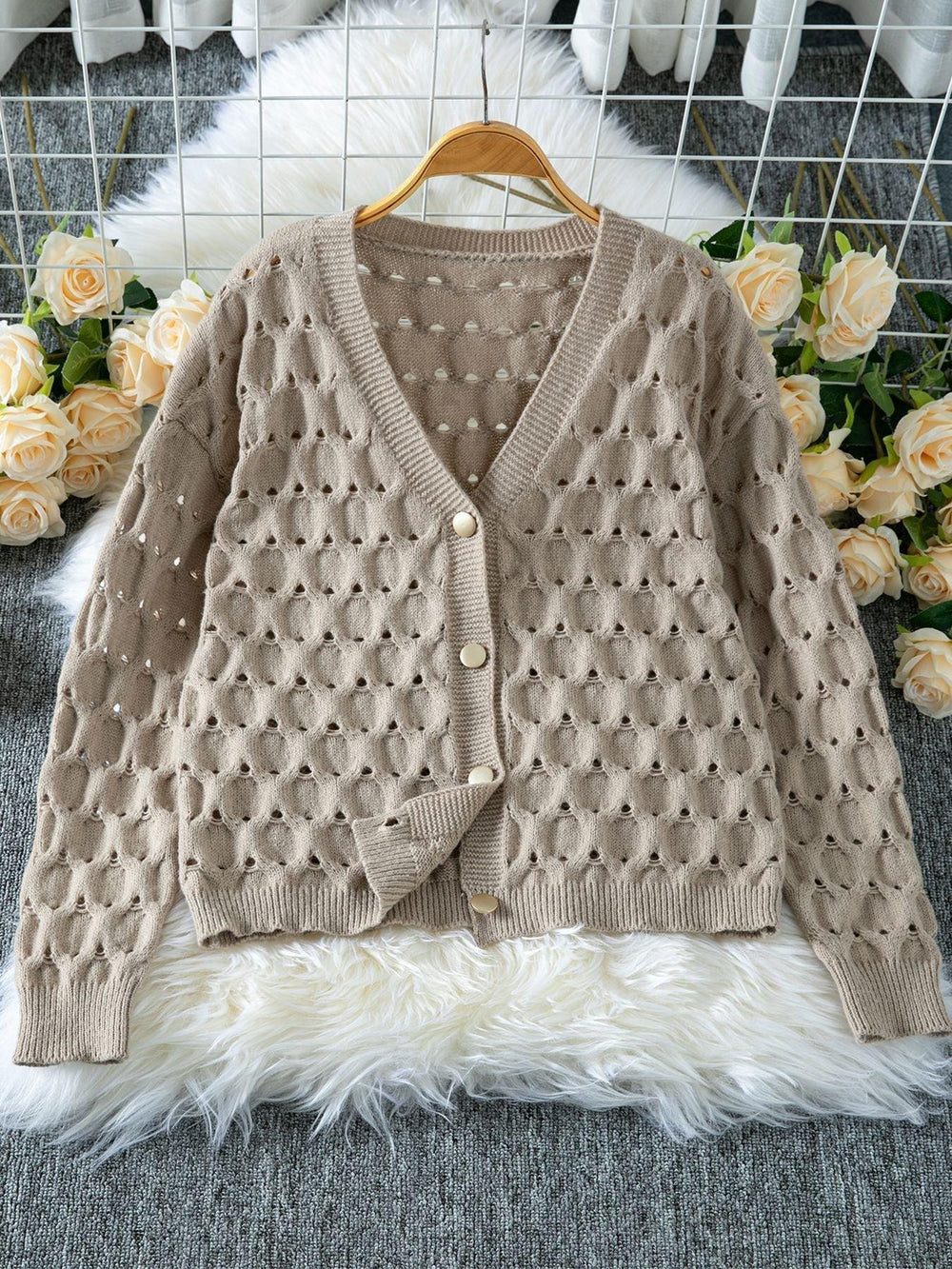 Beige open knit hollow out button front cardigan - View 6 | TEVQA