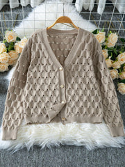 Beige open knit hollow out button front cardigan - View 6 | TEVQA