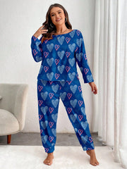 Plus Size Pink Heart Print Jogger Pajama Set - TEVQA