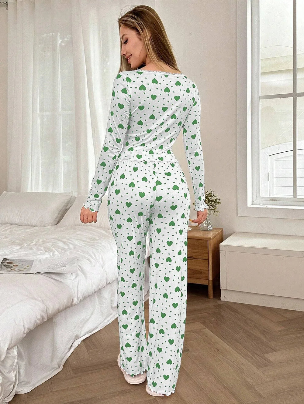 Ribbed Heart Print Pajama Set - View 29 | TEVQA