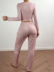 Tulip Floral Ribbed Henley Pajama Set - TEVQA