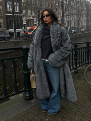 Opulent Silver Grey Faux Fur Maxi Coat - View 6 | TEVQA