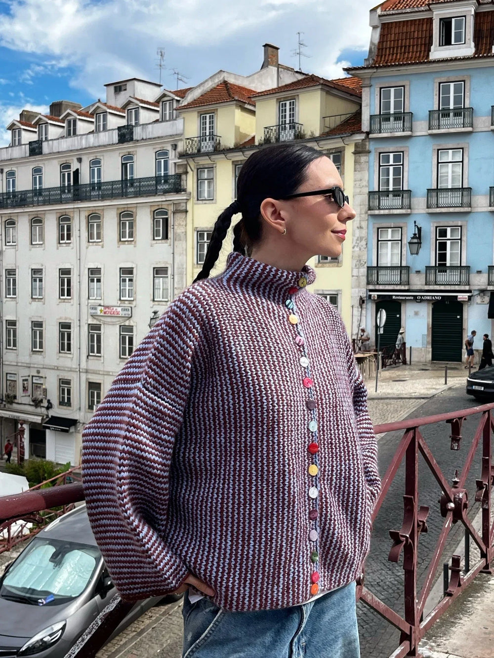 Eclectic Rainbow Button High-Neck Cardigan - View 6 | TEVQA