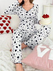 Ribbed Heart Print Pajama Set - View 37 | TEVQA