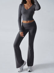 Balletcore V-Neck Crop Top & Fold-Over Flare Pants Set