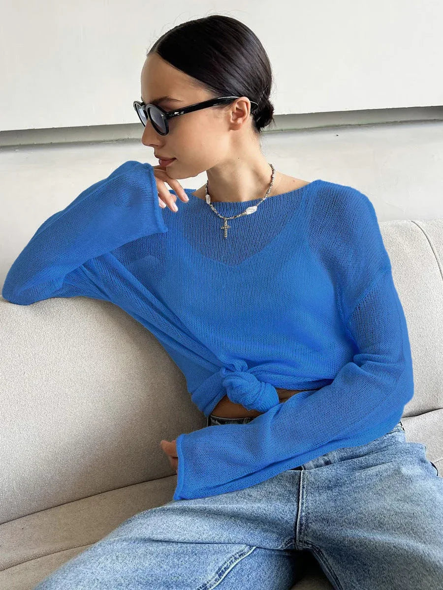 Boho Sheer Hollow Out Knit Top - TEVQA