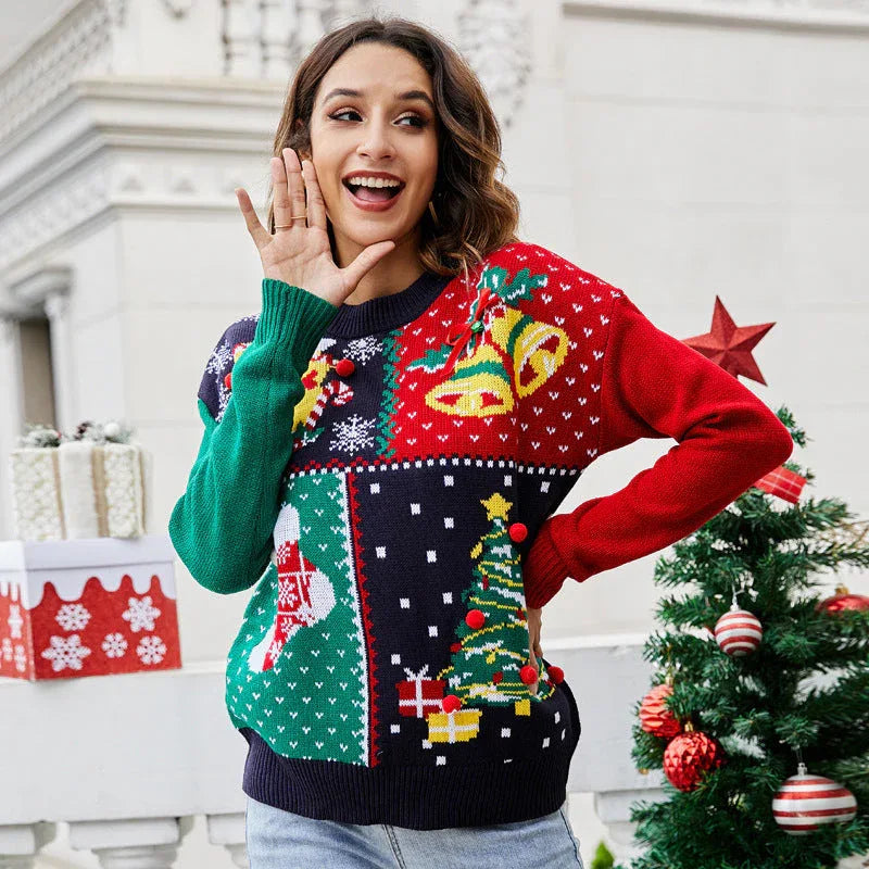 Woman in a Christmas sweater looking surprised and gesturing with her hand.