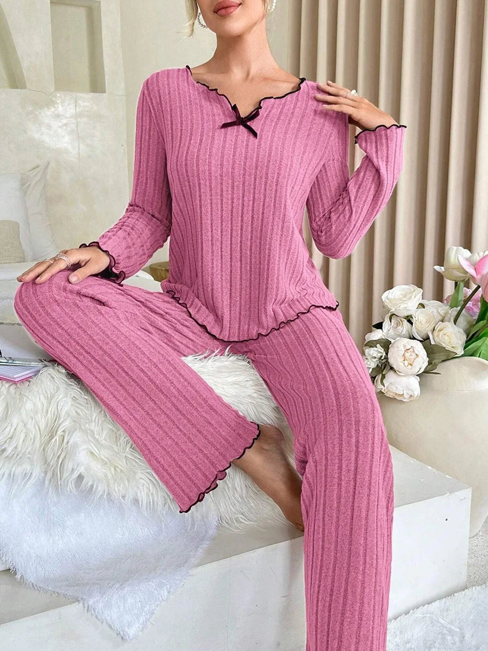 Coquette Contrast Trim Ribbed Pajama Set - TEVQA