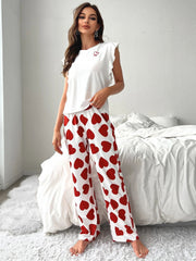 Coquette Pink Heart Print Ruffle Sleeve Pajama Set